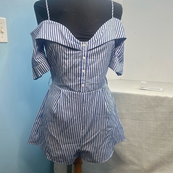 Iris blue and white striped off shoulder romper. - Picture 1 of 10